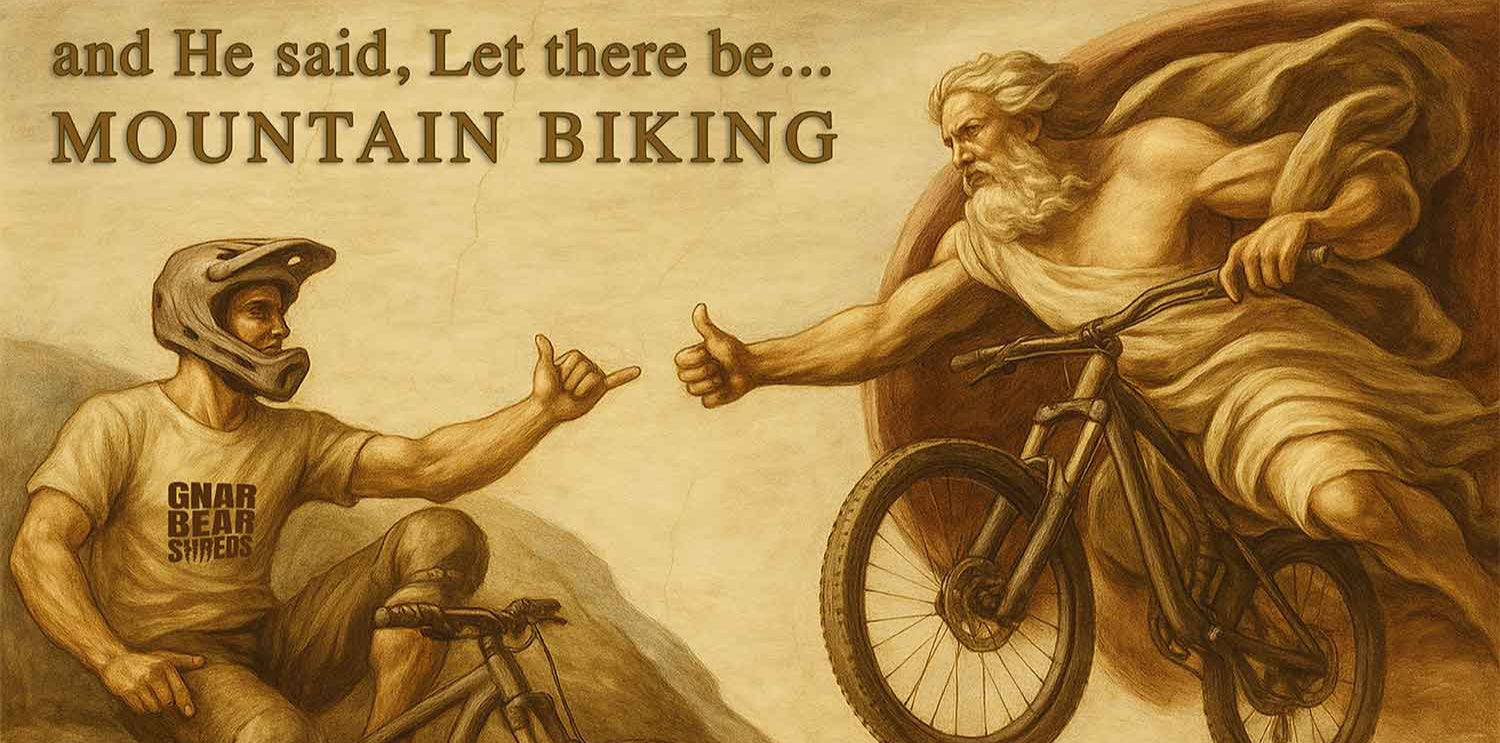 Illustration of a mountain biker and a classical figure with text about mountain biking.